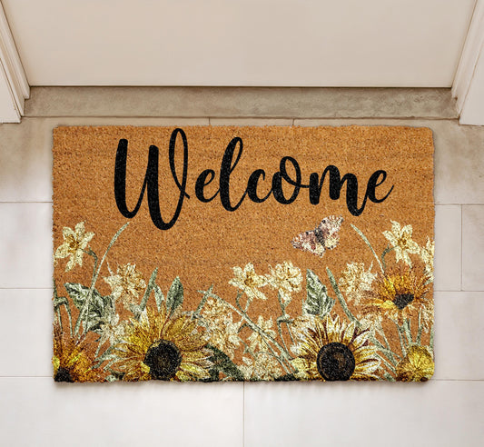 Sunflower Welcome Doormat, Floral Entry Mat, Spring Front Door Coir Mat