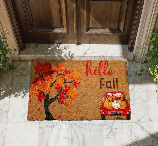 Hello Fall Welcome Mat, Colorful Thanksgiving Gift, Pumpkins & Truck Fall Doormat