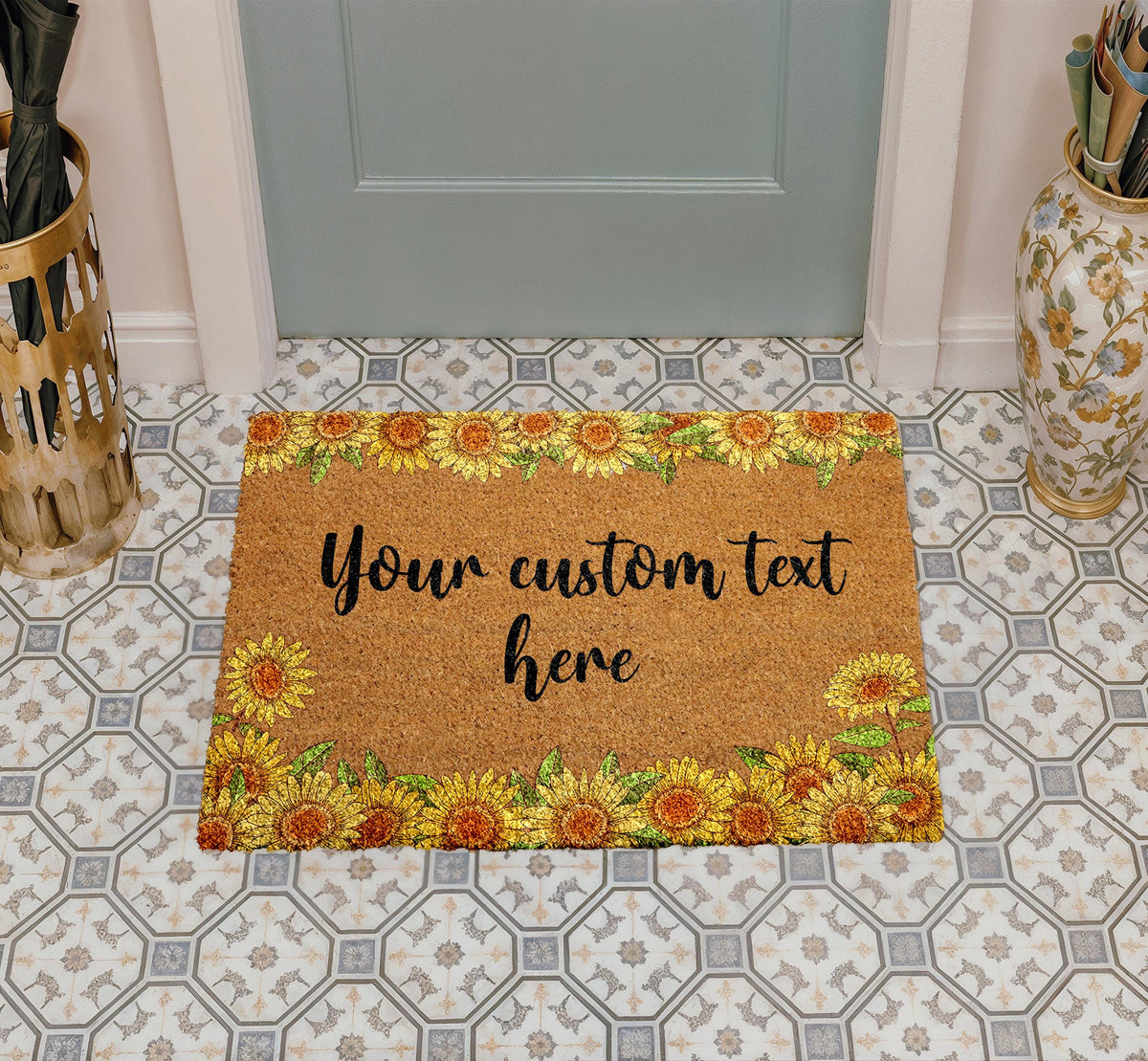 Sunflower Your Custom Text Here Coco Doormat, Personalized Floral Door Mat