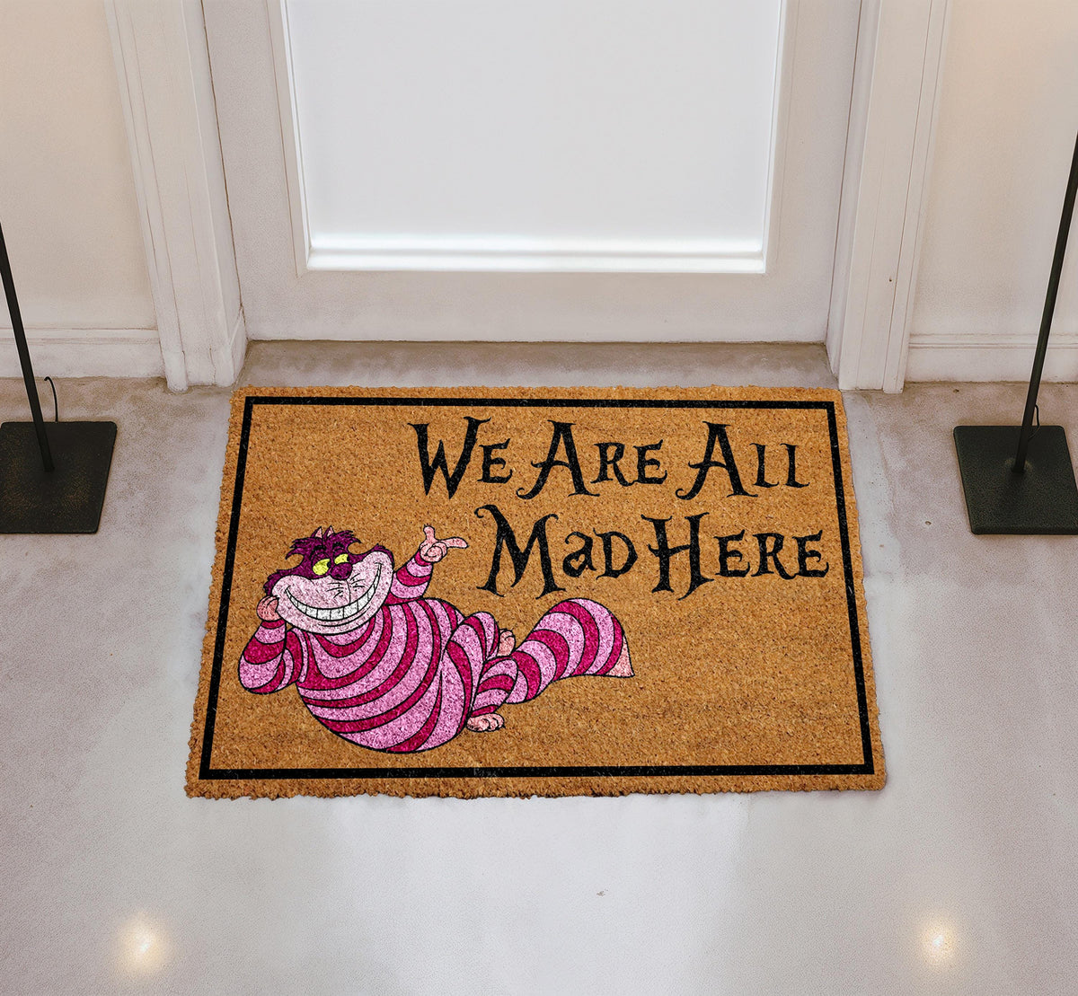 We Are All Mad Here Doormat, Whimsical Fantasy Welcome Mat, Curious Cat Home Decor