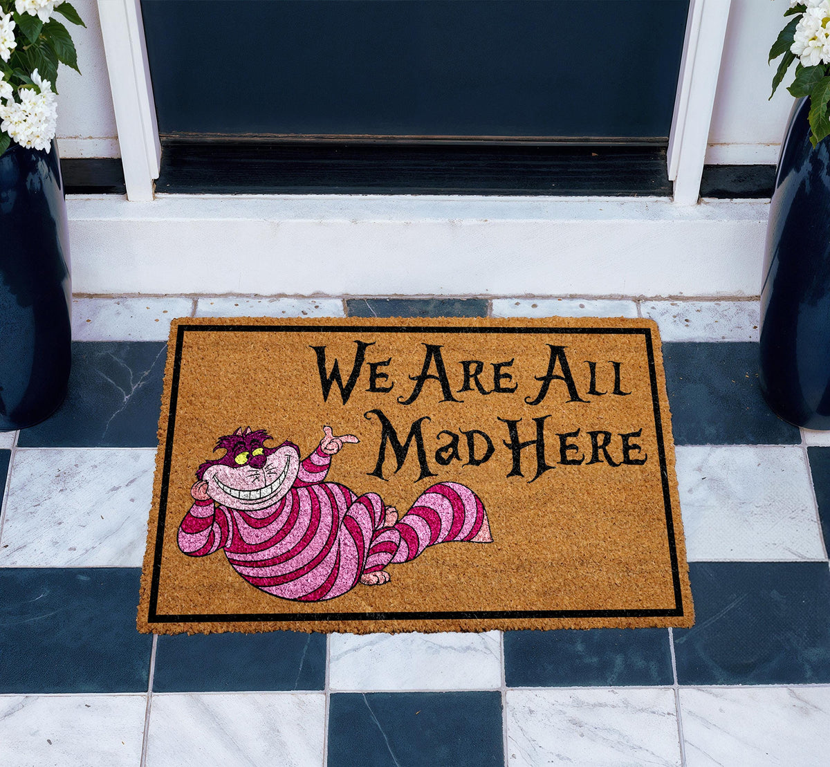 We Are All Mad Here Doormat, Whimsical Fantasy Welcome Mat, Curious Cat Home Decor