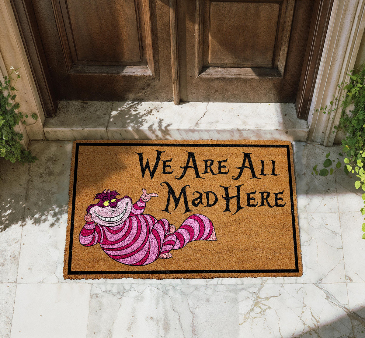 We Are All Mad Here Doormat, Whimsical Fantasy Welcome Mat, Curious Cat Home Decor