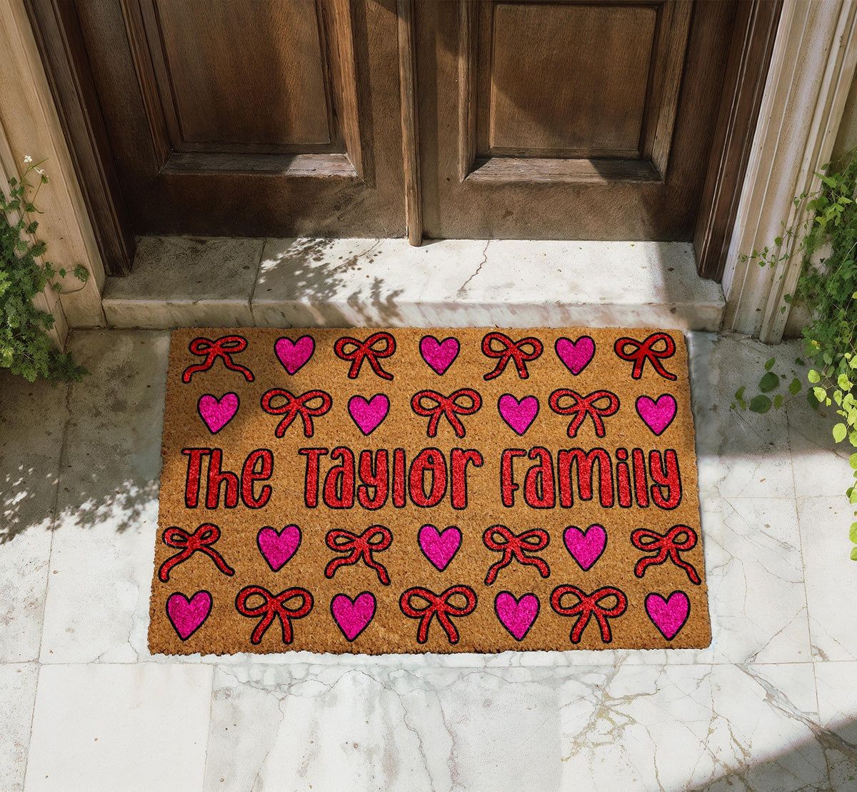 Personalized Family Hearts & Bows Doormat, Cute Pink Bows Welcome Mat