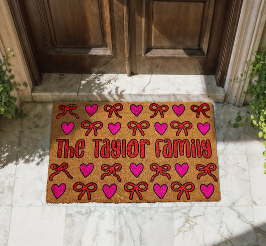 Personalized Family Hearts & Bows Doormat, Cute Pink Bows Welcome Mat