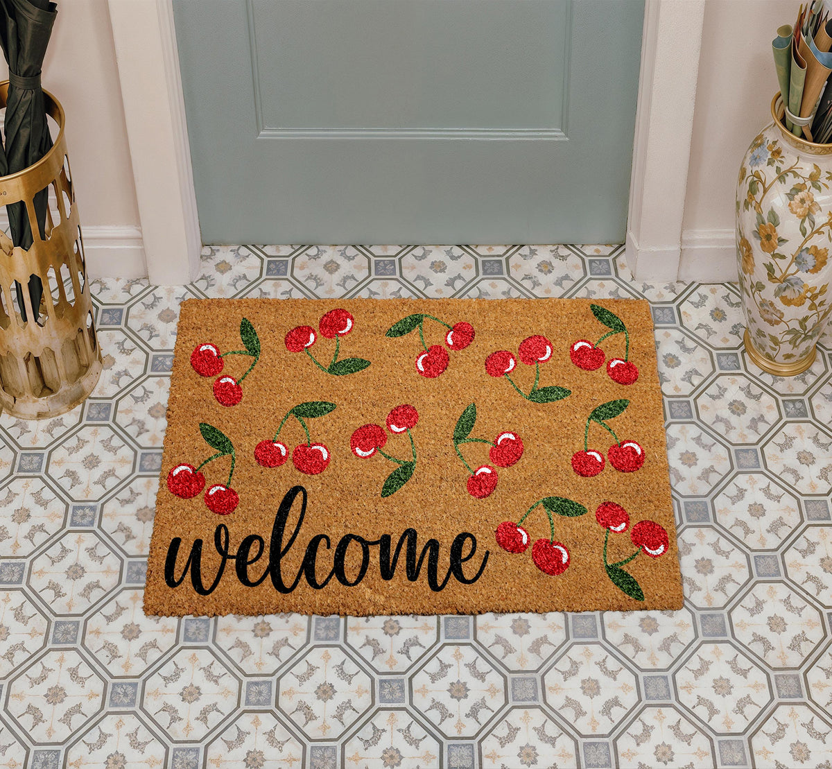 Cherry Welcome Door Mat, Summer Welcome Mat, Fruit Lover Home Entrance Decor