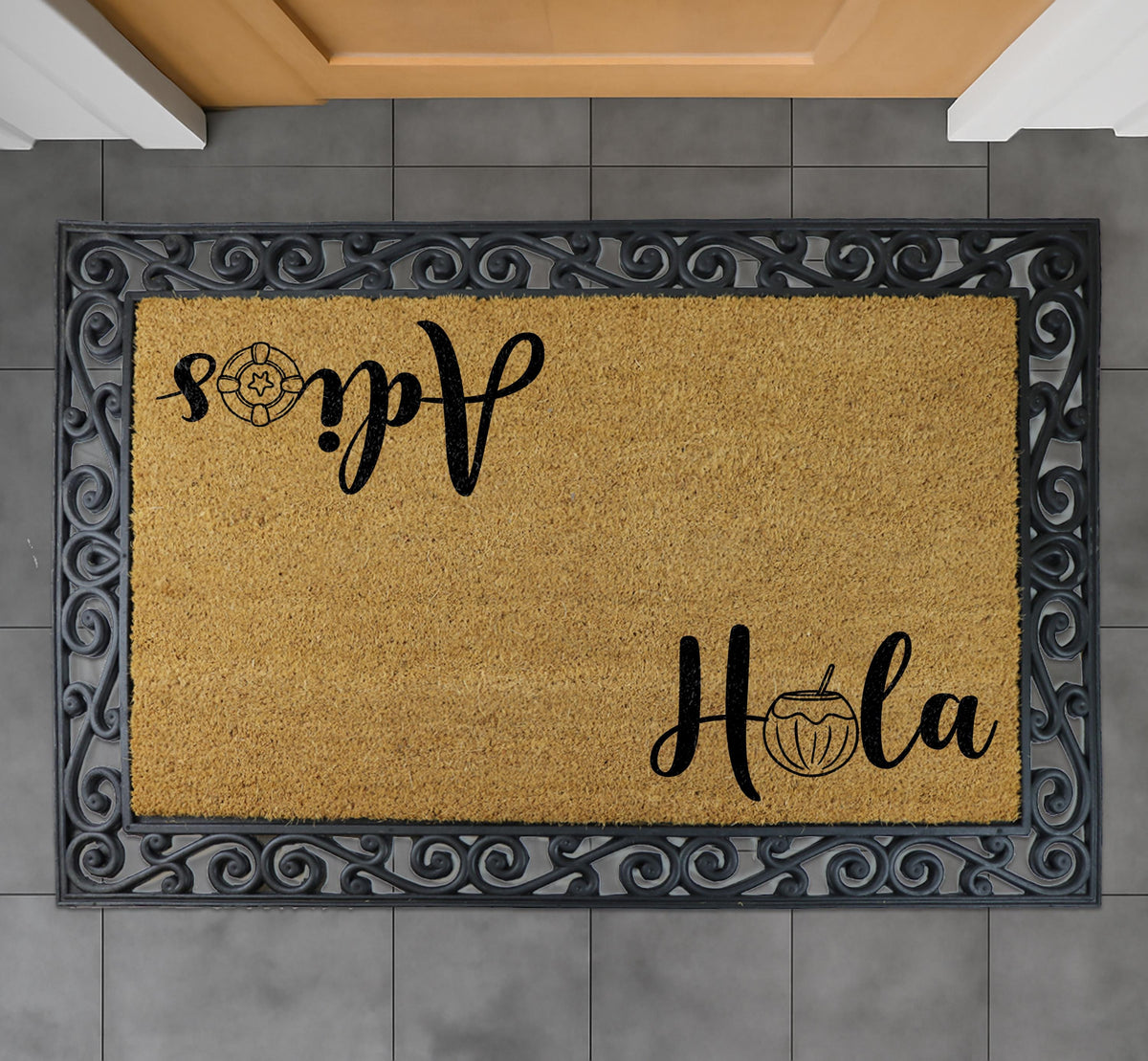 Hola Adios Doormat, Spanish Greeting Welcome Mat, Bienvenidos Home Decor