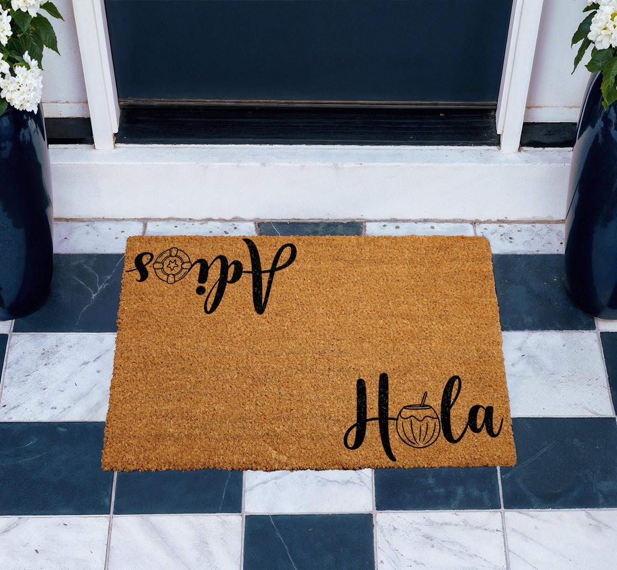 Hola Adios Doormat, Spanish Greeting Welcome Mat, Bienvenidos Home Decor