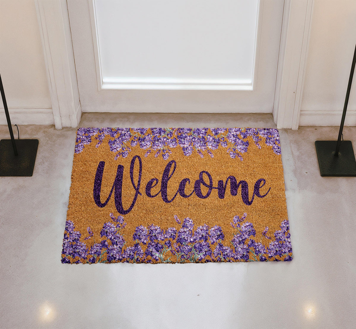 Floral Welcome Doormat, Lavender Entry Mat, Natural Coir Outdoor Mat, Spring Porch Decor