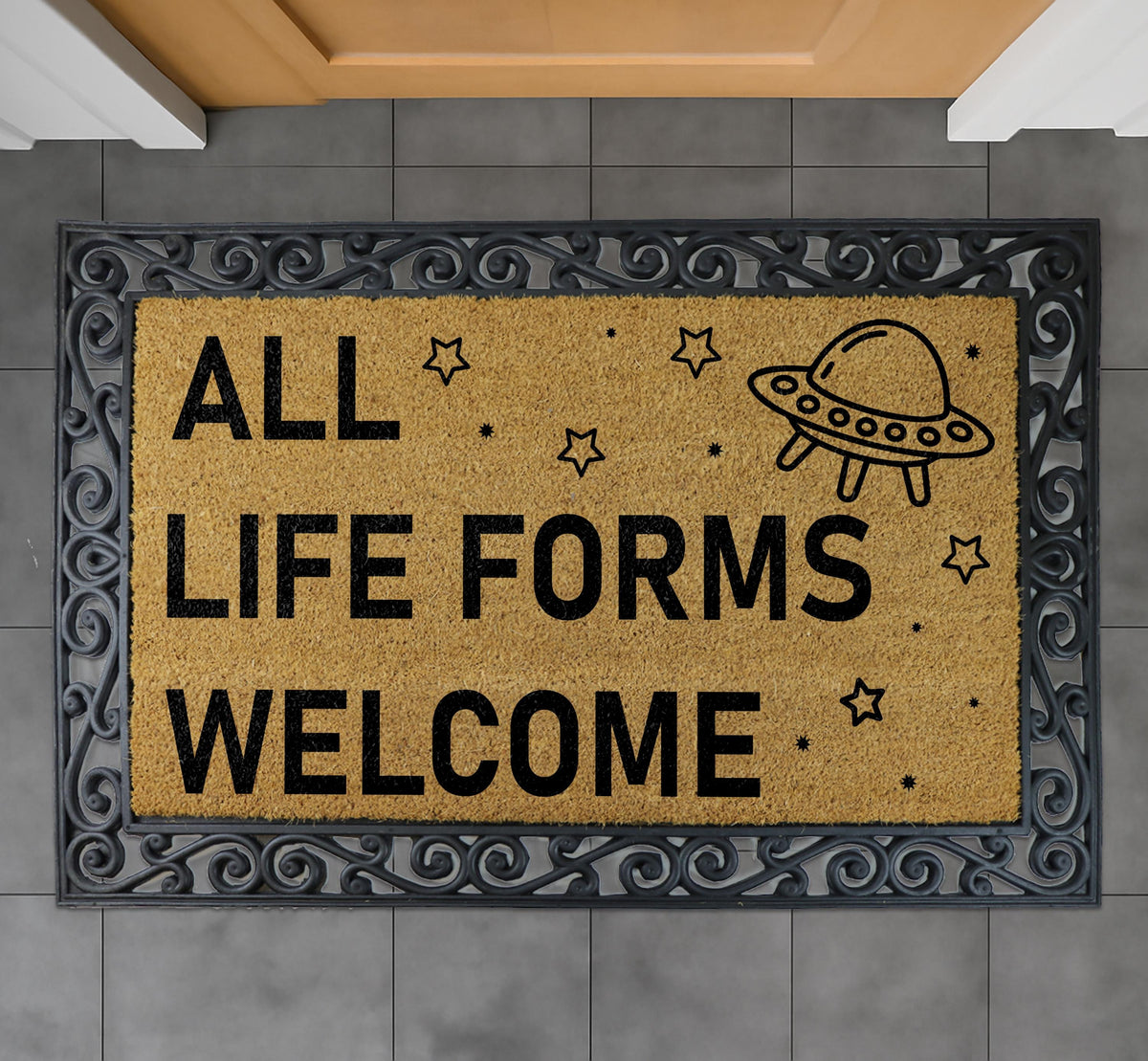 All Life Forms Welcome Doormat, Funny Alien Welcome Mat, UFO Outer Sci-Fi Lovers Porch Rug
