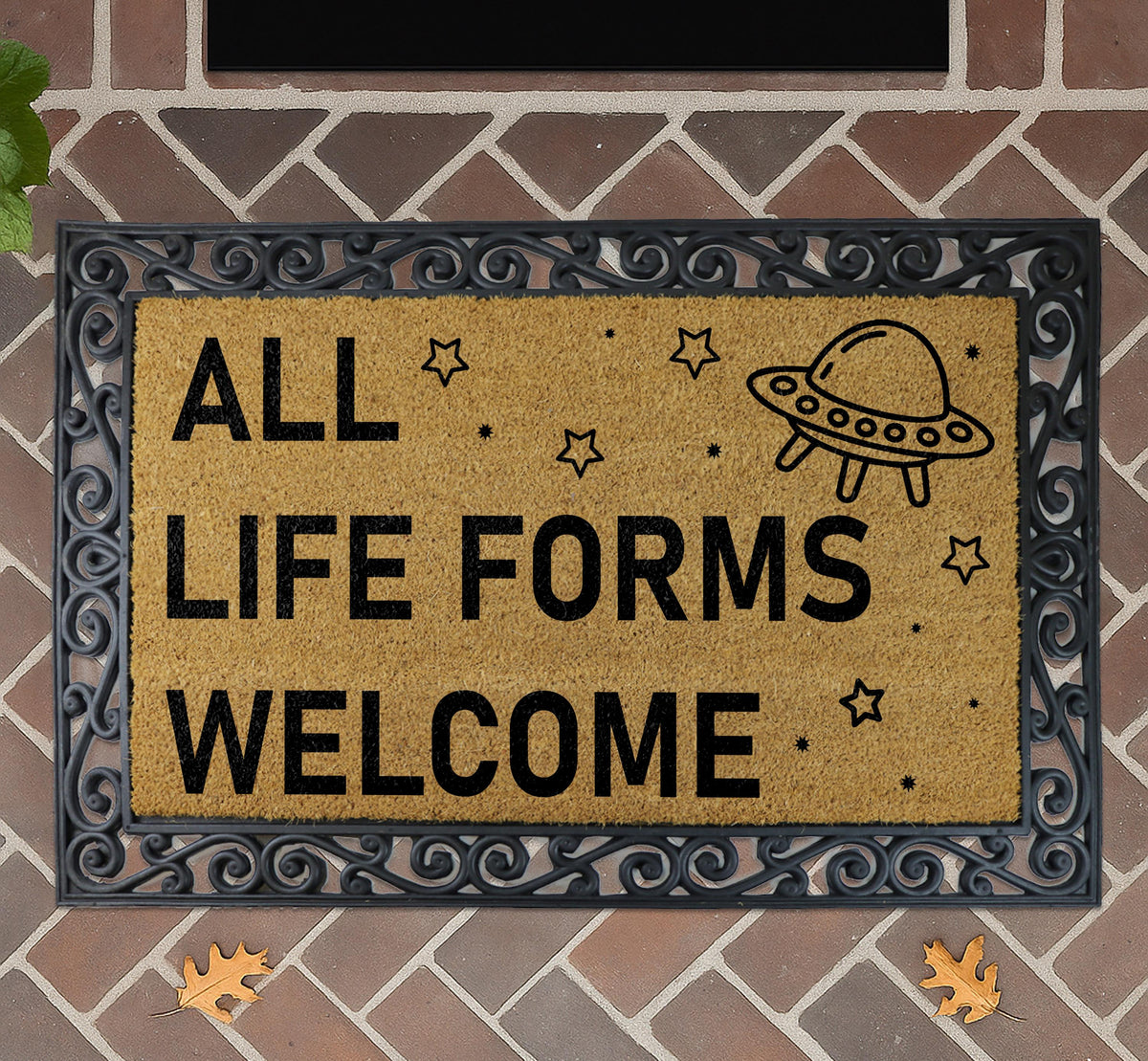 All Life Forms Welcome Doormat, Funny Alien Welcome Mat, UFO Outer Sci-Fi Lovers Porch Rug