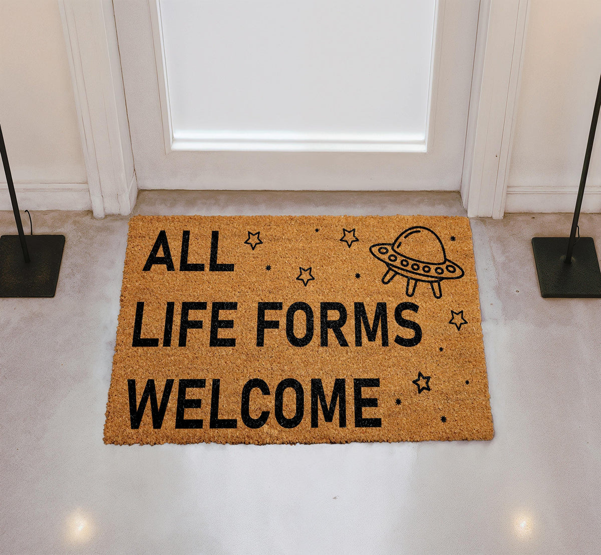 All Life Forms Welcome Doormat, Funny Alien Welcome Mat, UFO Outer Sci-Fi Lovers Porch Rug