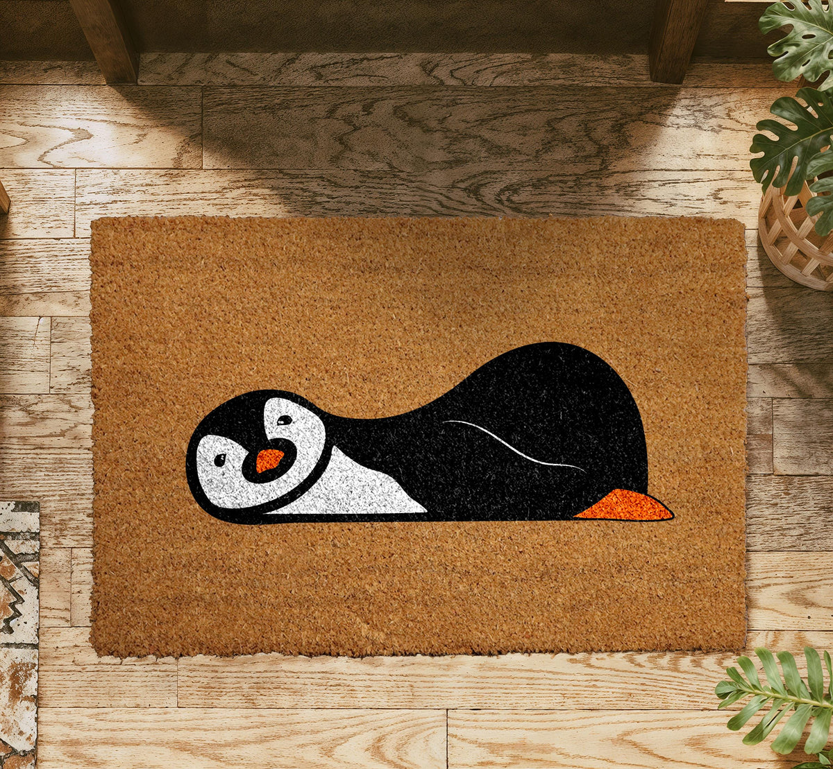 Lazy Penguin Doormat, Cute Penguin Welcome Mat, Animal Lover Gift, Lounging Penguin Door Mat