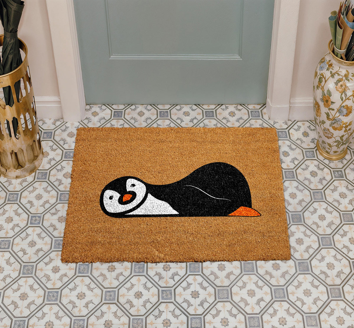 Lazy Penguin Doormat, Cute Penguin Welcome Mat, Animal Lover Gift, Lounging Penguin Door Mat