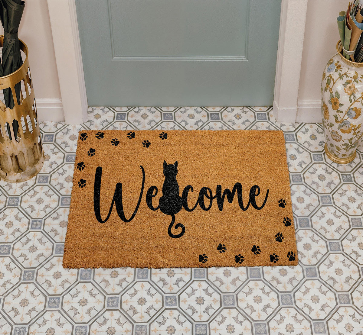 Cat Welcome Mat, Cat Lover Porch Decor, Cat Mom Housewarming Gift, Kitten Paw Print Doormat