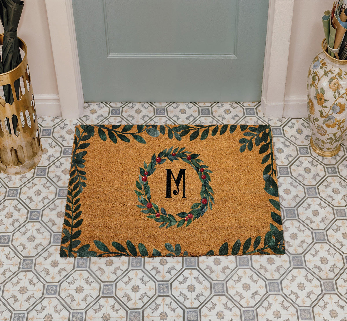 Custom Christmas Doormat, Personalized Initial Monogram Welcome Mat