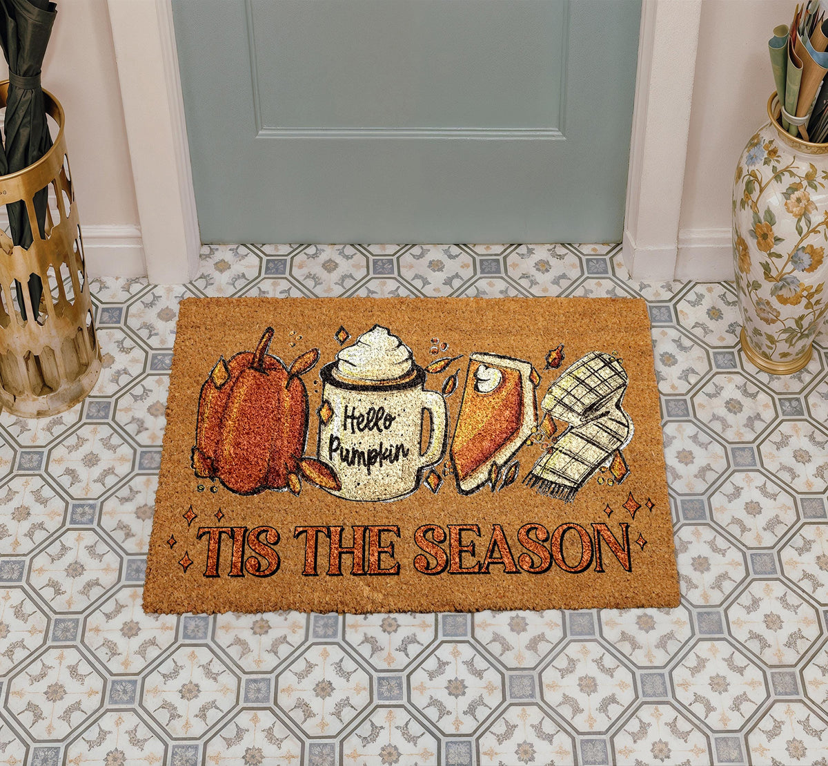 Tis the Season Doormat, Hello Pumpkin Front Door Mat, Fall Welcome Coir Rug