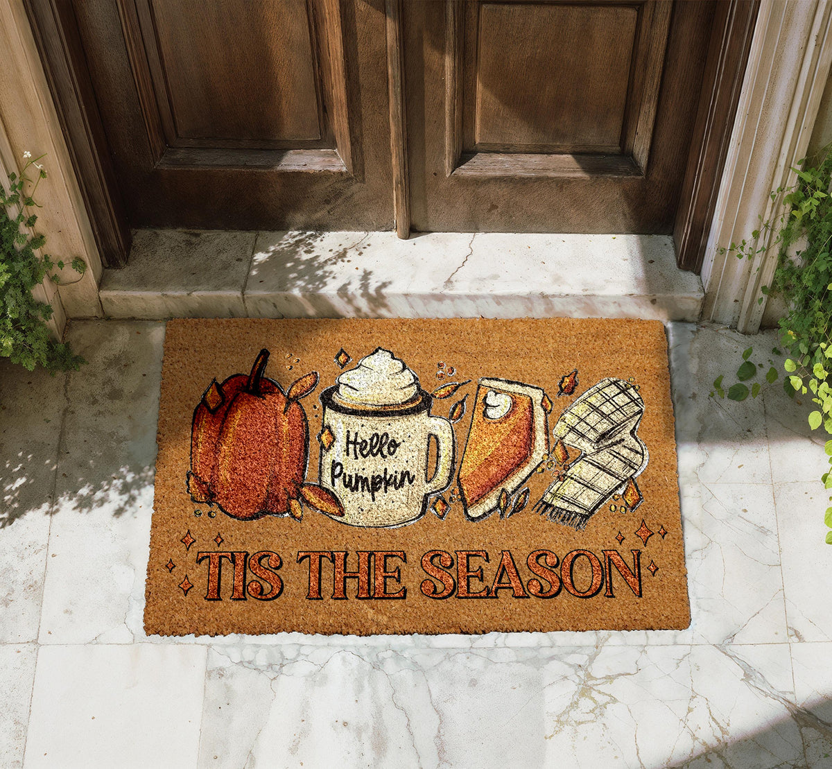 Tis the Season Doormat, Hello Pumpkin Front Door Mat, Fall Welcome Coir Rug