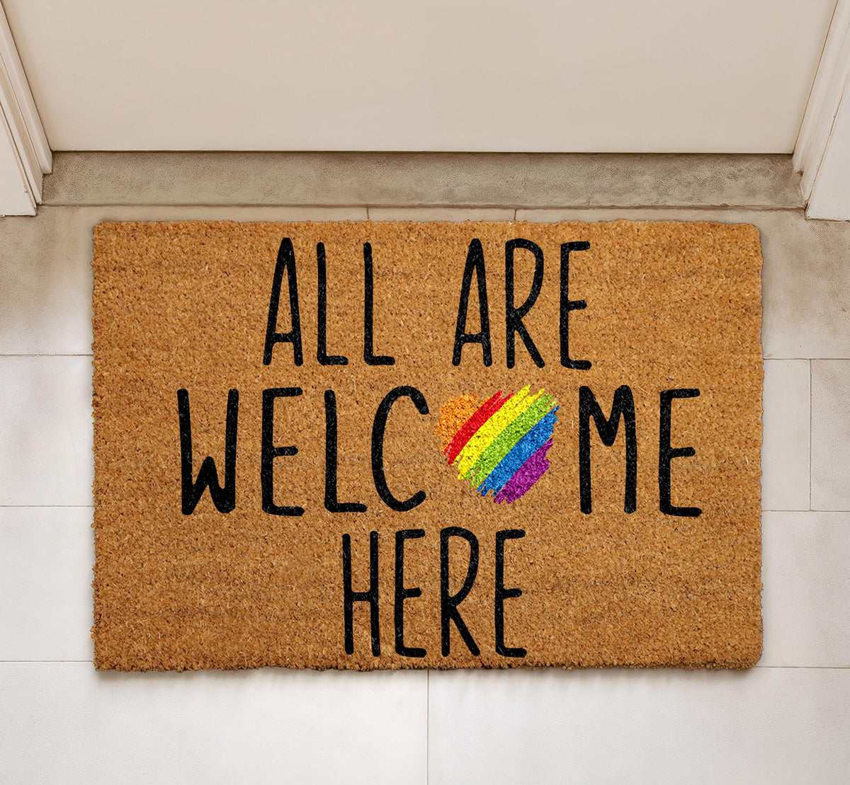 All Are Welcome Here Coir Doormat, Rainbow Heart Welcome Mat, Inclusive Floor Rug