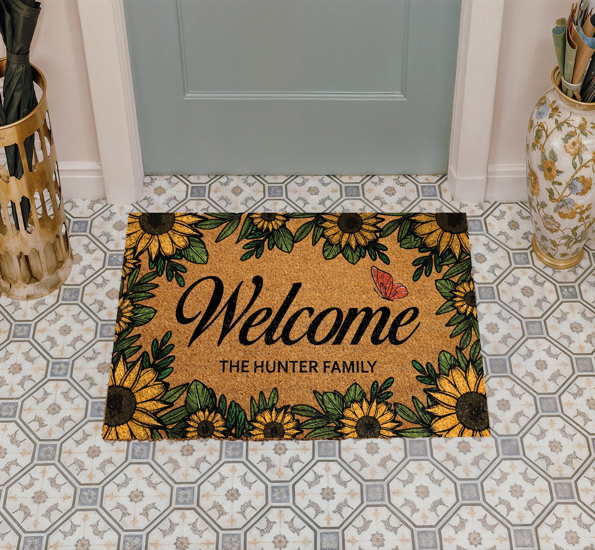 Personalized Sunflower Welcome Mat, Custom Family Name Butterfly Doormat