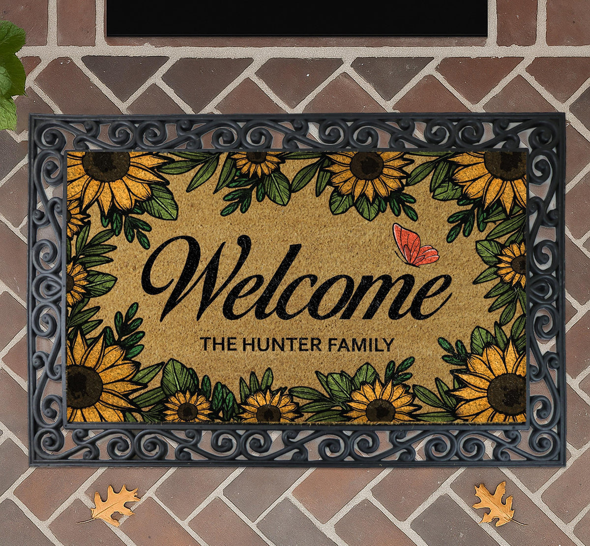 Personalized Sunflower Welcome Mat, Custom Family Name Butterfly Doormat