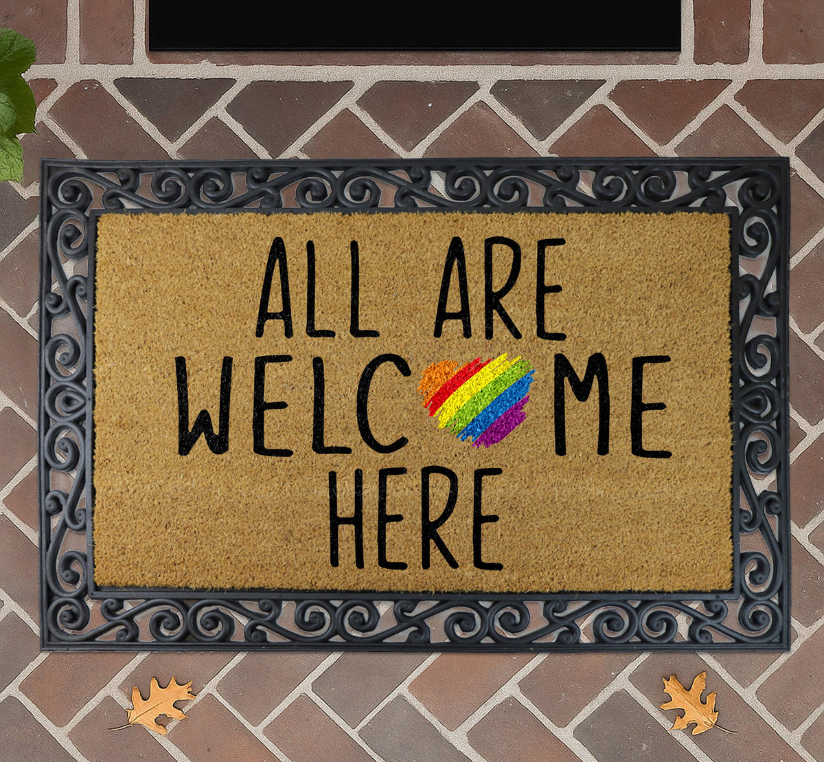 All Are Welcome Here Coir Doormat, Rainbow Heart Welcome Mat, Inclusive Floor Rug