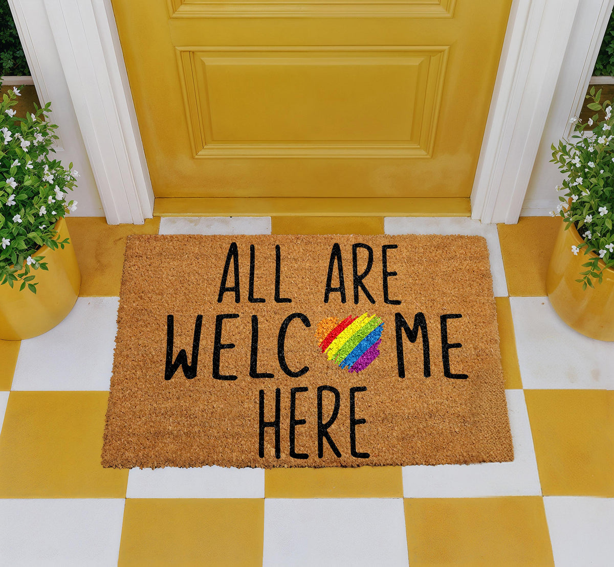 All Are Welcome Here Coir Doormat, Rainbow Heart Welcome Mat, Inclusive Floor Rug
