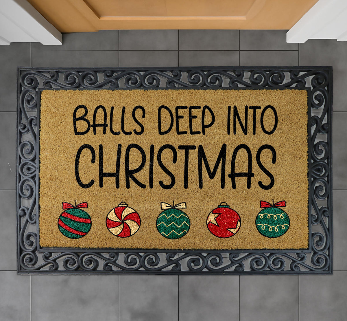Balls Deep Into Christmas Doormat, Funny Xmas Welcome Mat, Adult Humor Entrance Decor