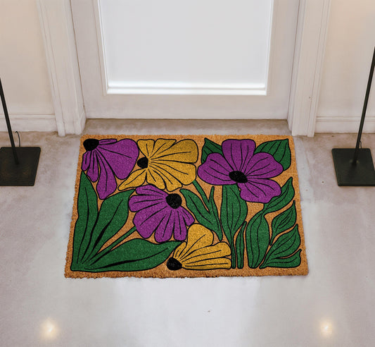 Purple Green and Yellow Floral Doormat, Bohemian Colorful Flower Welcome Mat