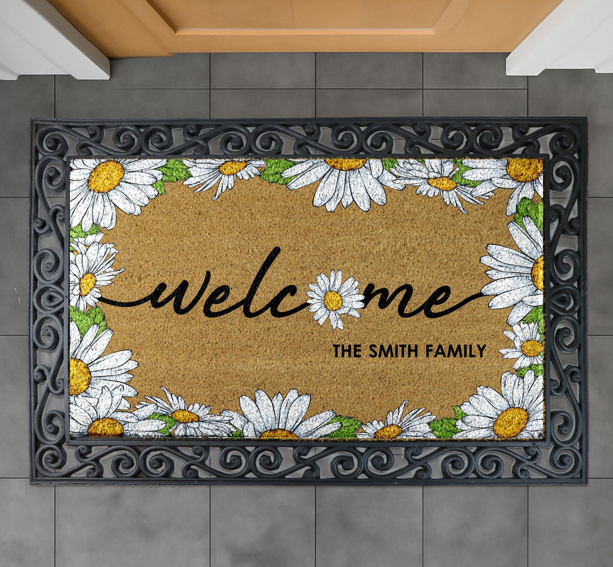 Personalized Daisy Welcome Doormat, Custom Family Name Home Entrance Decor