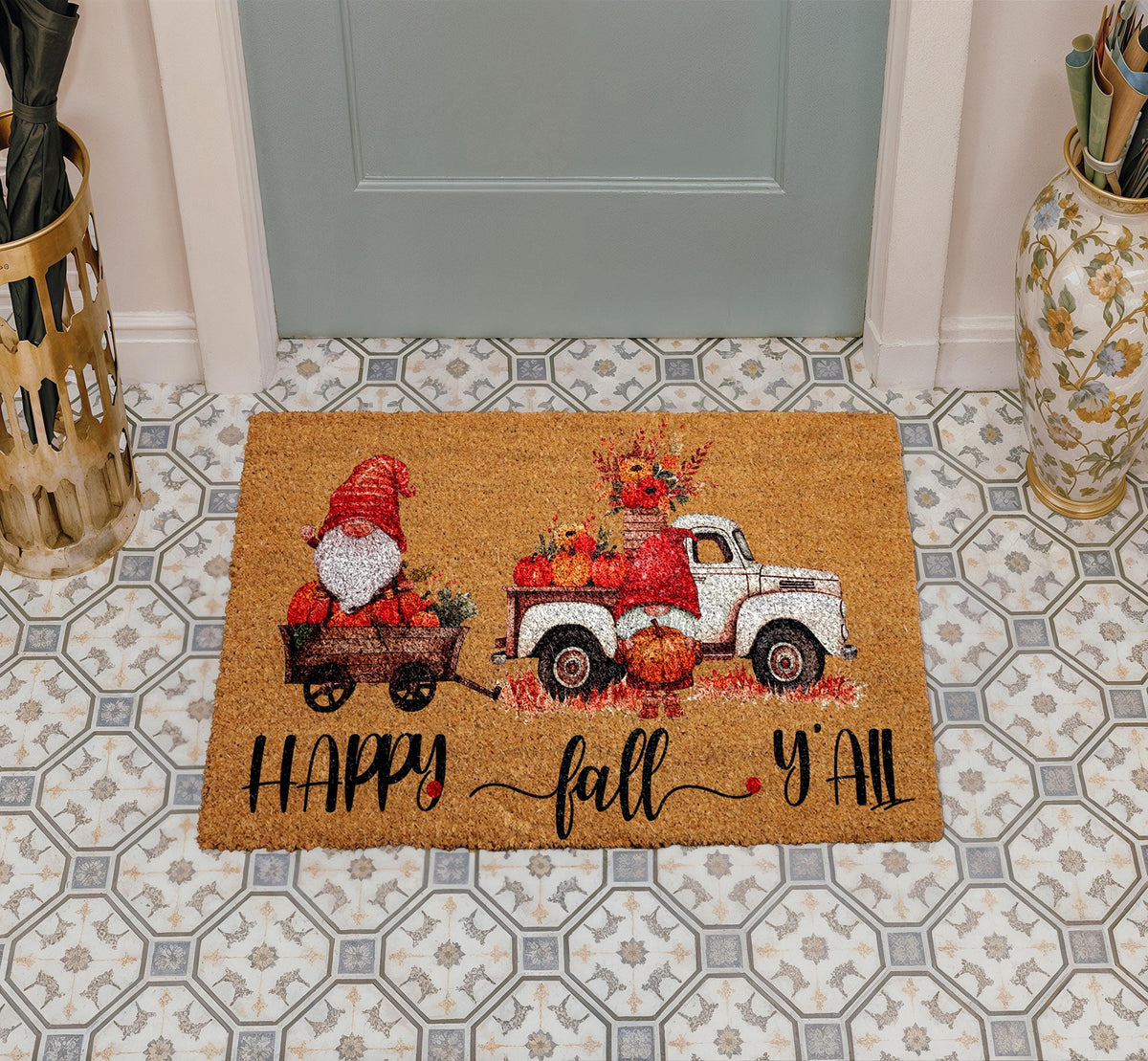 Happy Fall Y'all Doormat, Gnome Fall Welcome Mat, Gnome Pumpkin Home Entrance Mat