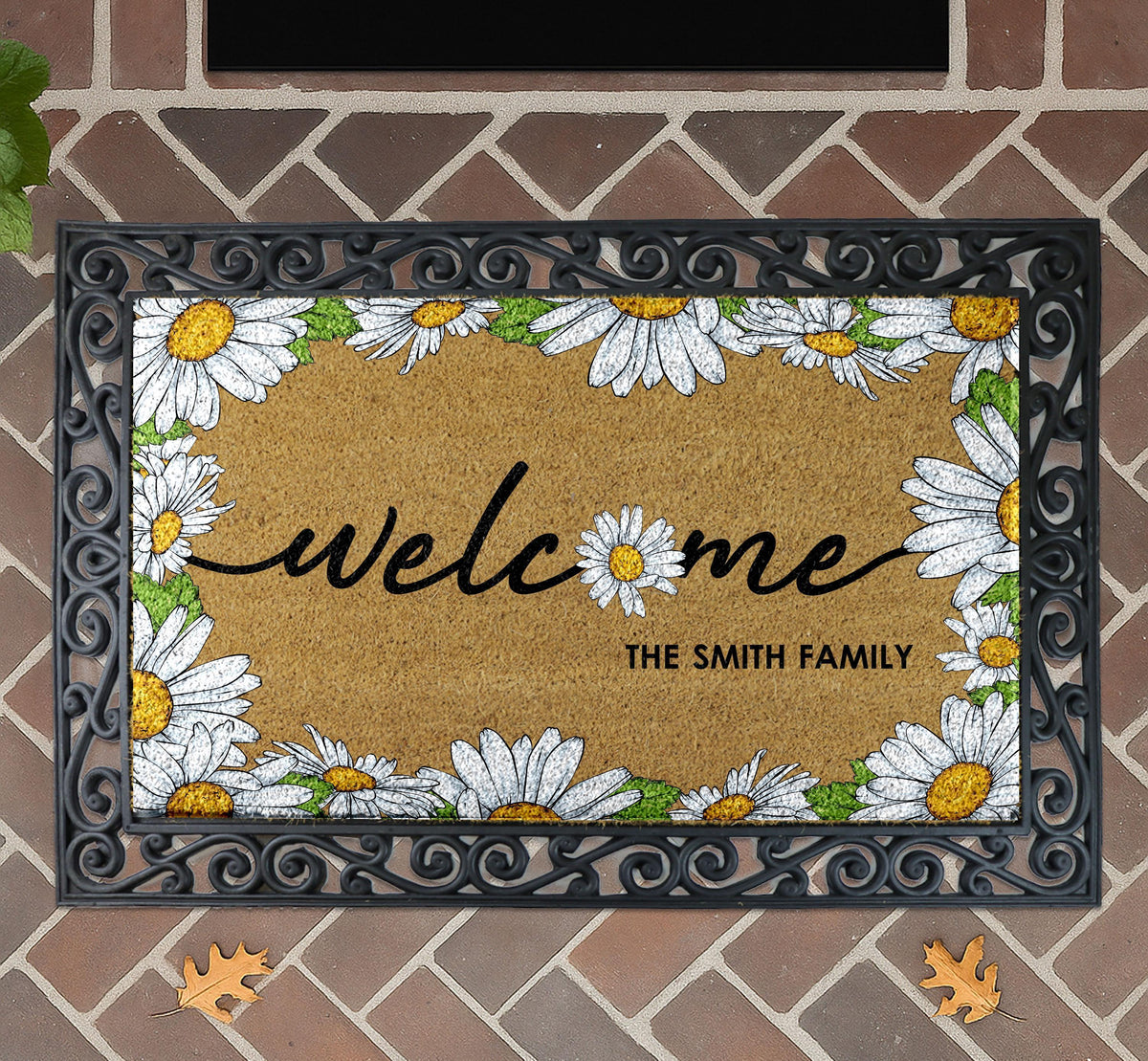 Personalized Daisy Welcome Doormat, Custom Family Name Home Entrance Decor