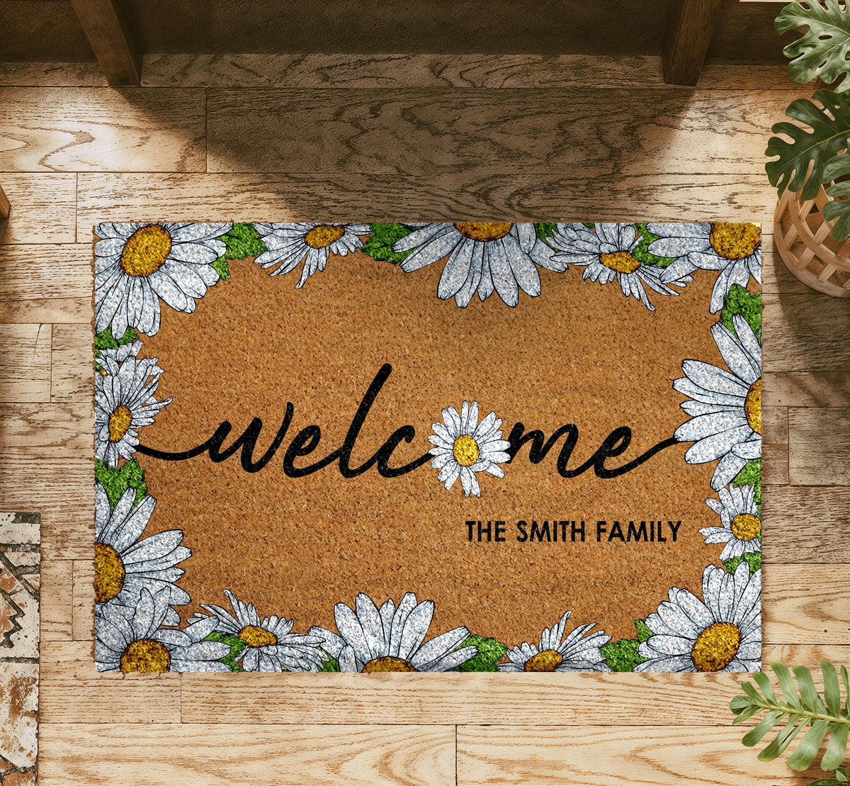 Personalized Daisy Welcome Doormat, Custom Family Name Home Entrance Decor
