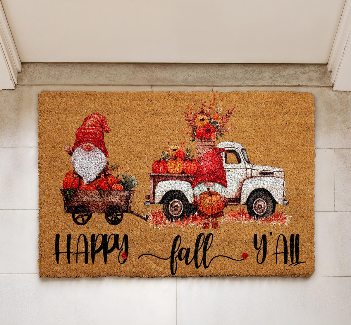 Happy Fall Y'all Doormat, Gnome Fall Welcome Mat, Gnome Pumpkin Home Entrance Mat