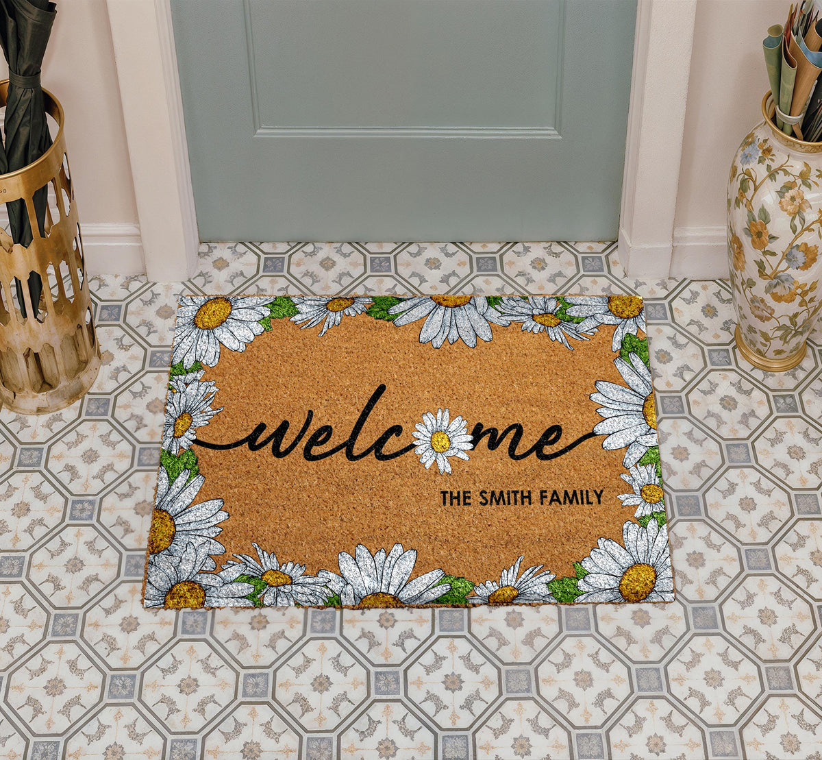Personalized Daisy Welcome Doormat, Custom Family Name Home Entrance Decor