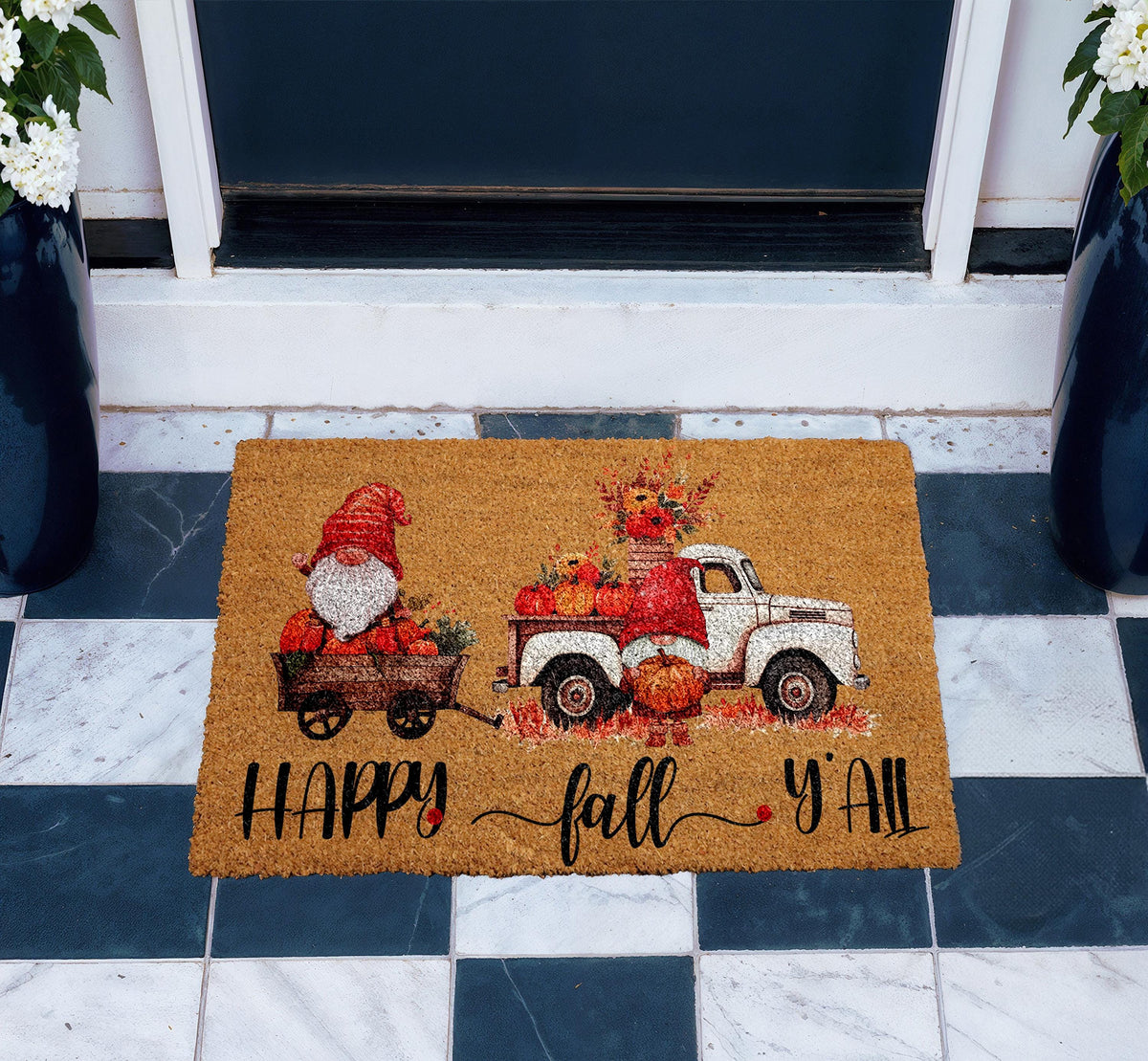 Happy Fall Y'all Doormat, Gnome Fall Welcome Mat, Gnome Pumpkin Home Entrance Mat