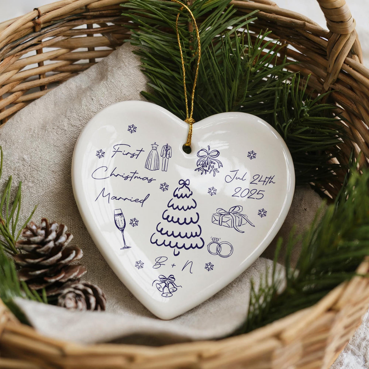 Personalized First Christmas Married Ceramic Ornament, Wedding Keepsake