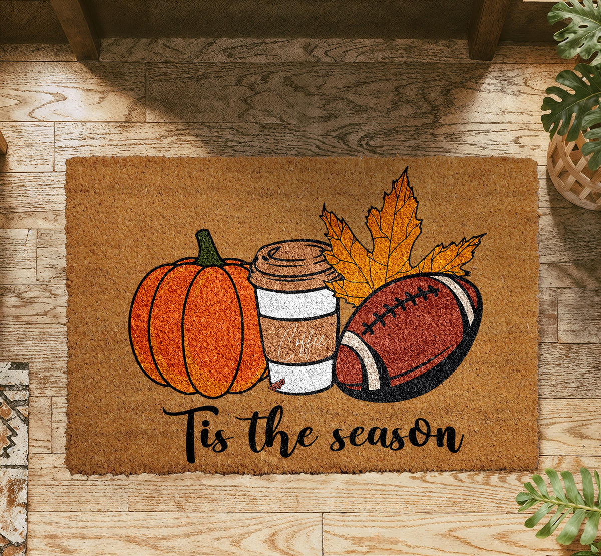 Tis The Season Doormat, Cozy Autumn Welcome Mat, Pumpkin Coffee Football Mat, Fall Porch Decor