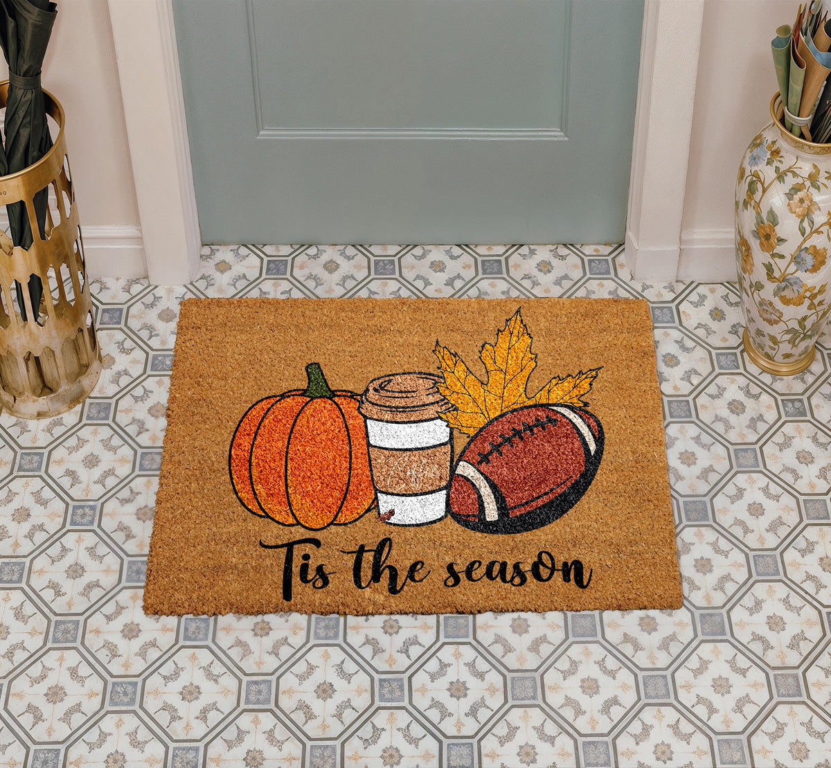 Tis The Season Doormat, Cozy Autumn Welcome Mat, Pumpkin Coffee Football Mat, Fall Porch Decor