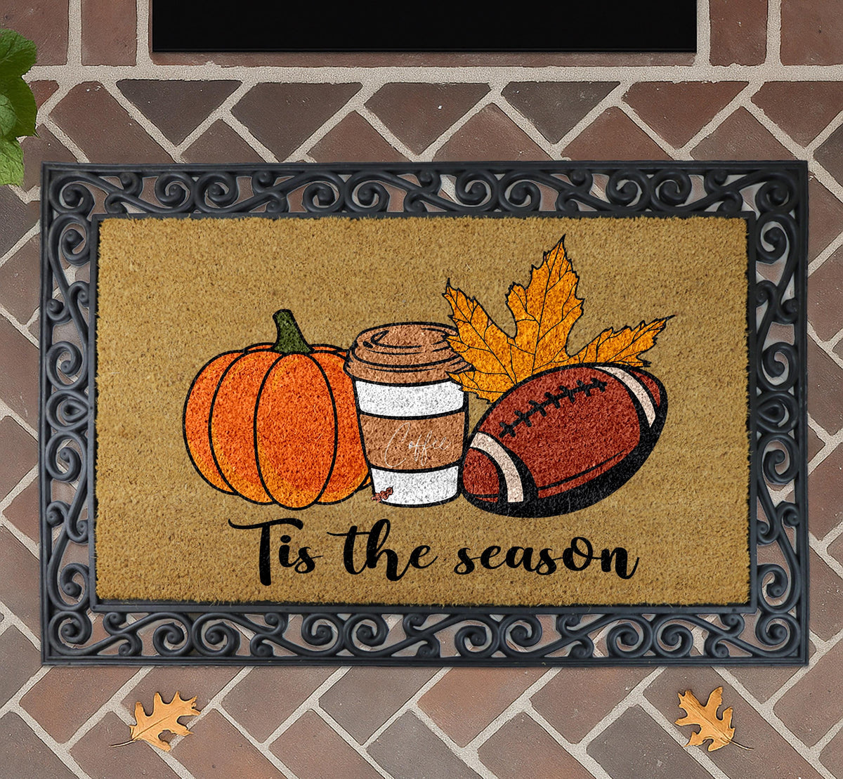 Tis The Season Doormat, Cozy Autumn Welcome Mat, Pumpkin Coffee Football Mat, Fall Porch Decor
