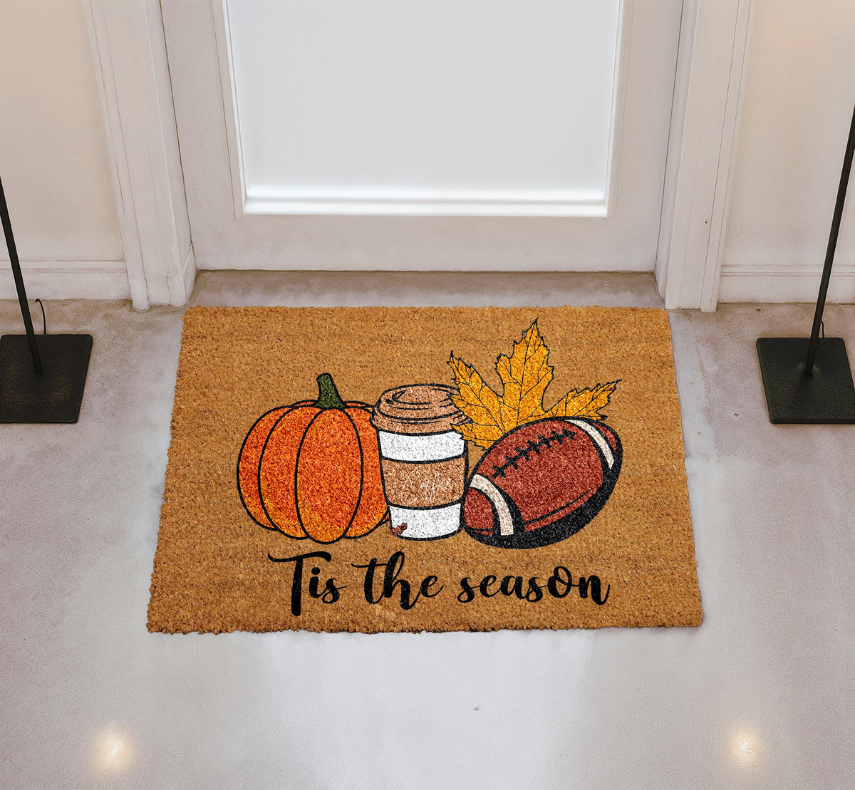 Tis The Season Doormat, Cozy Autumn Welcome Mat, Pumpkin Coffee Football Mat, Fall Porch Decor