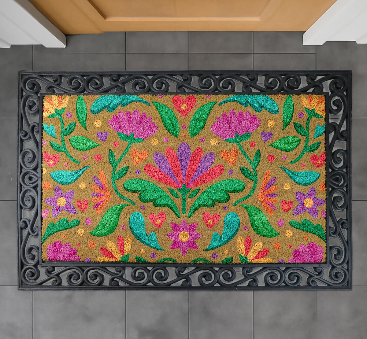 Floral Welcome Mat: Bright Bohemian Design - Natural Coir Fiber