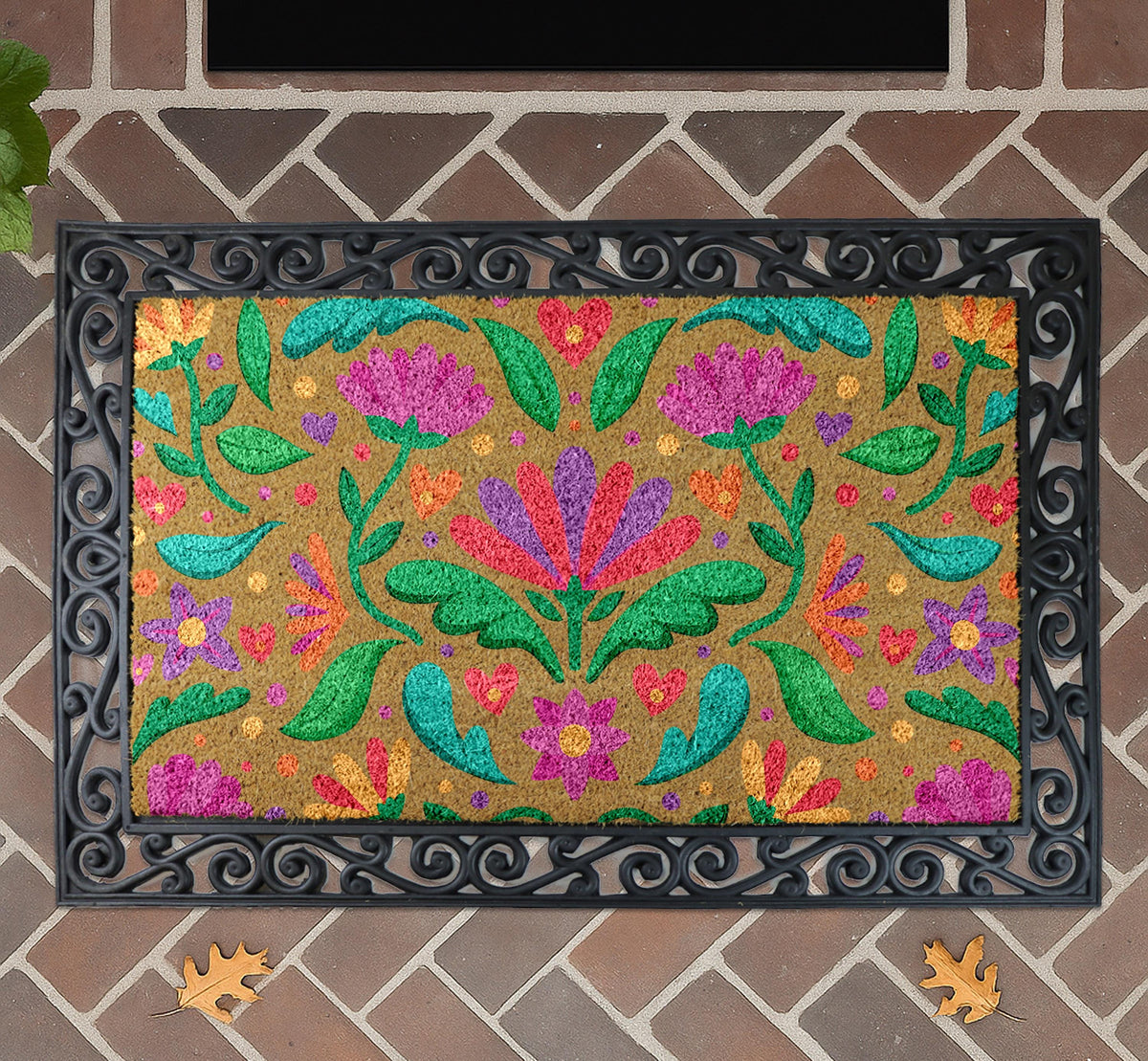Floral Welcome Mat: Bright Bohemian Design - Natural Coir Fiber