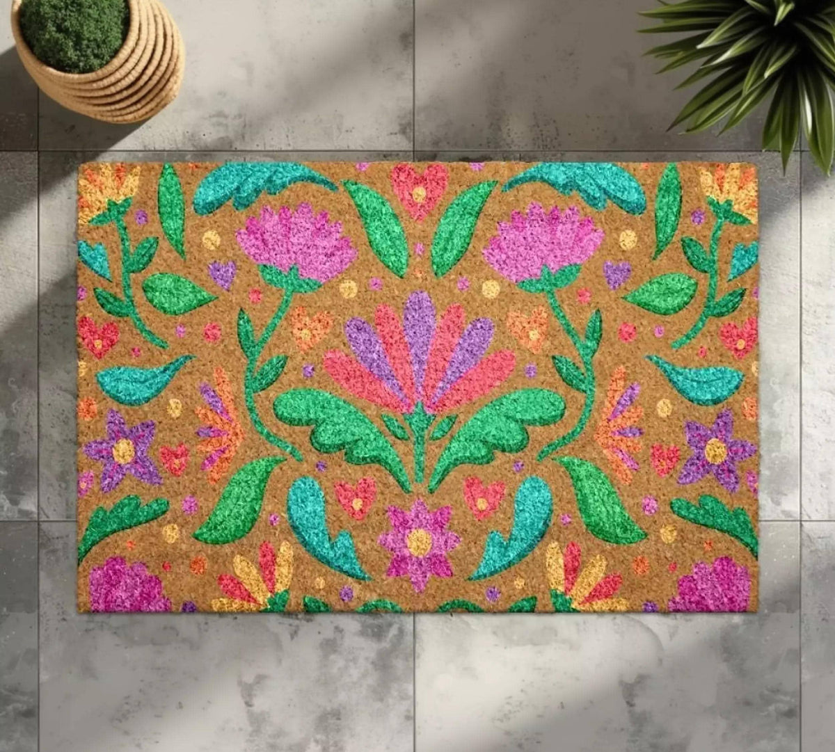 Floral Welcome Mat: Bright Bohemian Design - Natural Coir Fiber