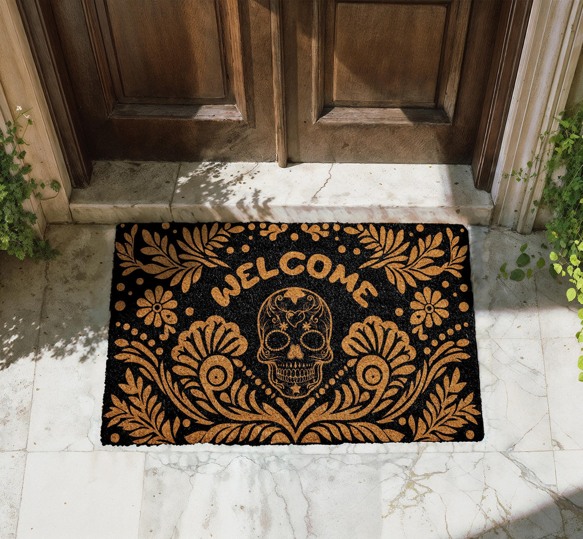 Gothic Halloween Door Mat, Sugar Skull Home Decor, Skeleton Gothic Floral Skull Front Porch Rug