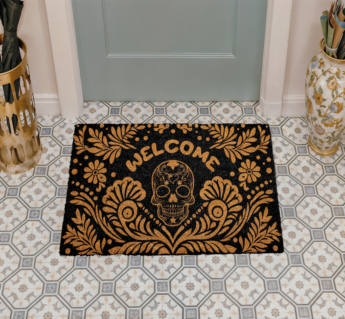 Gothic Halloween Door Mat, Sugar Skull Home Decor, Skeleton Gothic Floral Skull Front Porch Rug