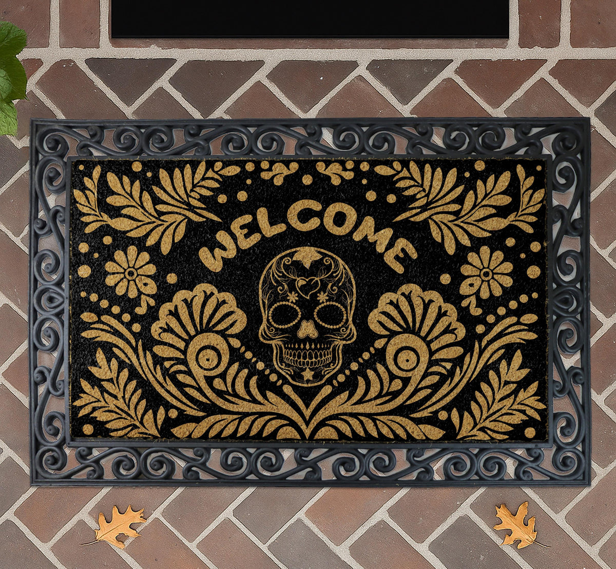 Gothic Halloween Door Mat, Sugar Skull Home Decor, Skeleton Gothic Floral Skull Front Porch Rug