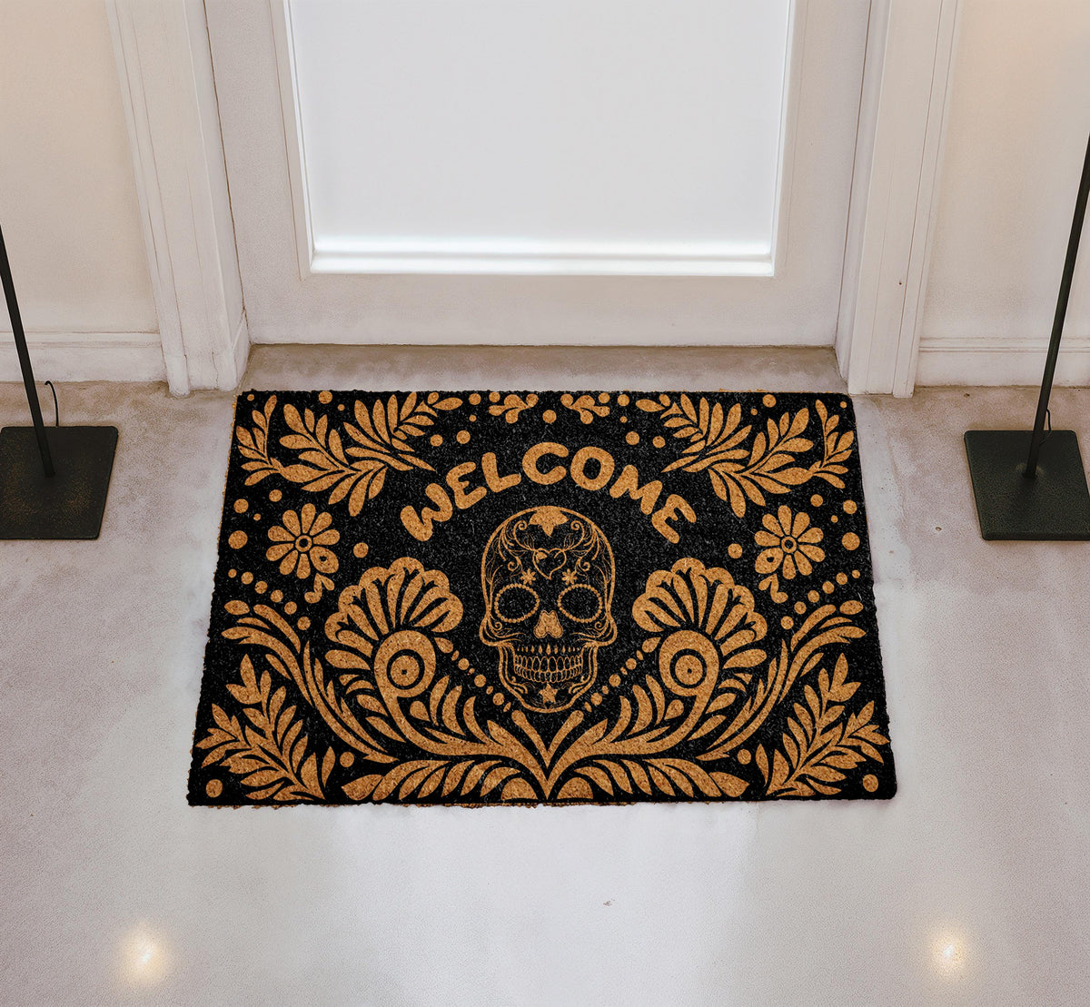 Gothic Halloween Door Mat, Sugar Skull Home Decor, Skeleton Gothic Floral Skull Front Porch Rug