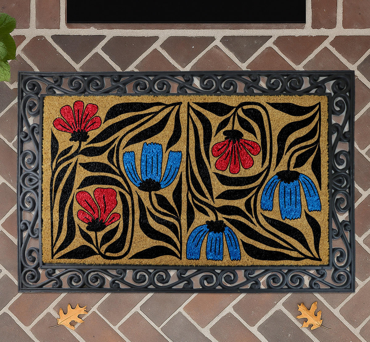 Arts and Crafts Floral Doormat, Flower Garden Decor, Black and White Botanical Welcome Mat