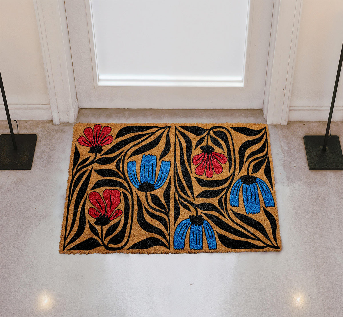Arts and Crafts Floral Doormat, Flower Garden Decor, Black and White Botanical Welcome Mat