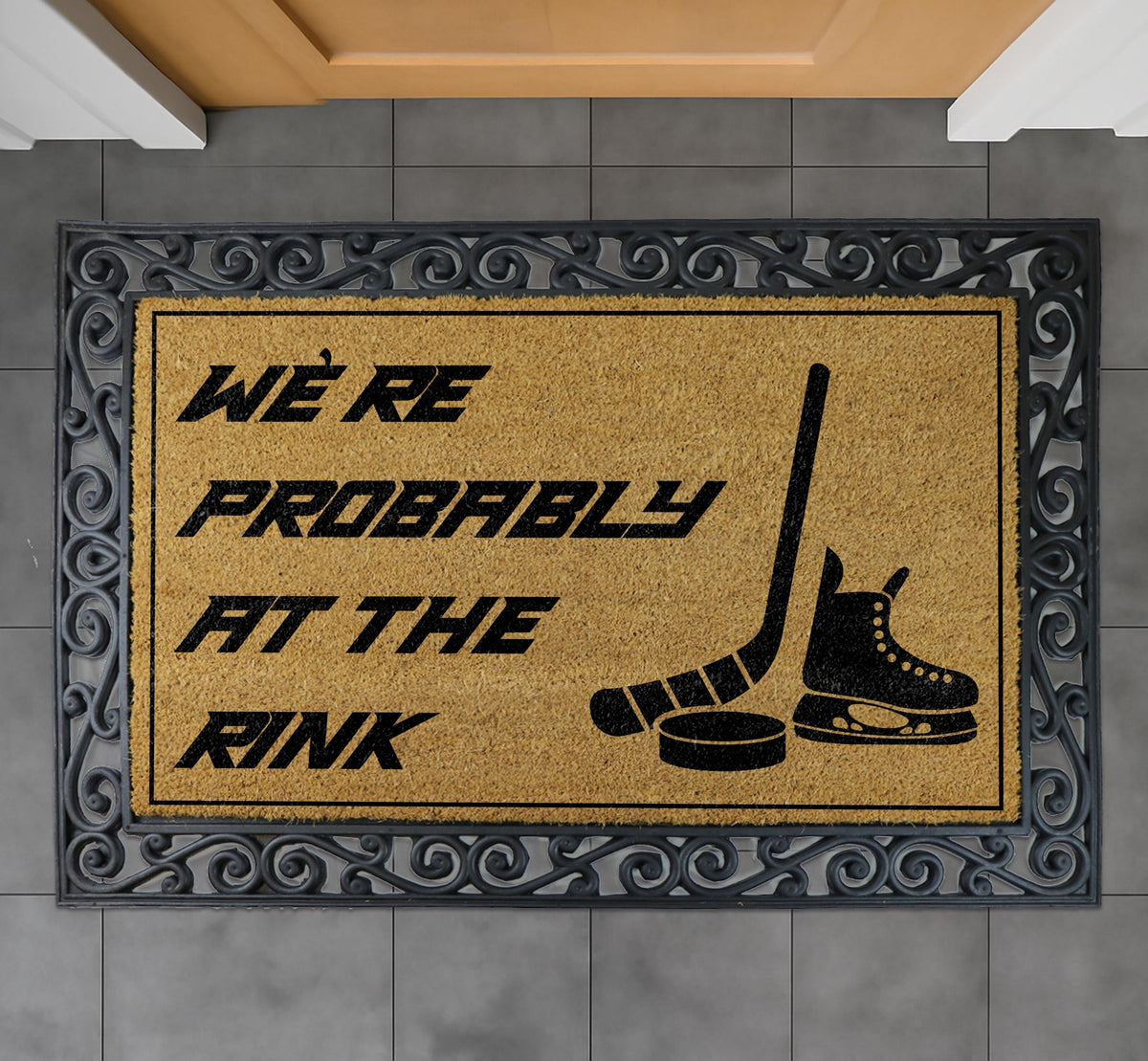 We're Probably At The Rink Doormat, Hockey Lover's Home Decor, Ice Hockey Fan Entrance Rug